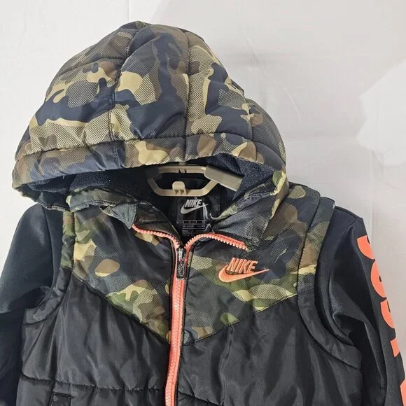 Nike Puffer Jacket Youth Small 4-5 Black Green Camouflage Kids Hoodie Vest Coat - Picture 7 of 10